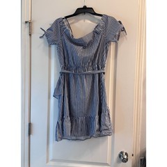 ASOS Blue White Striped Dress Womens 10 Ruffle Off Shoulder Cottagecore Mini