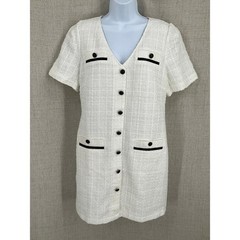 Loft Tweed Shift Dress Women 10 White Cotton Blend Button Front Preppy NEW