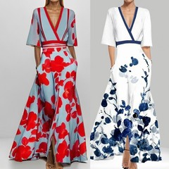 Womens High-End Dress Fashionable&Elegant V-neck Printed Tie-Fitting Skirt Dress