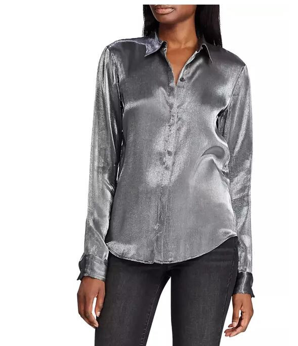 Ralph Lauren Satin Concealed Button Down Dress Shirt Womens Gunmetal Black Small