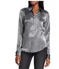 Ralph Lauren Satin Concealed Button Down Dress Shirt Womens Gunmetal Black Small
