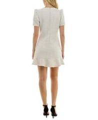 CRYSTAL DOLL Juniors&rsquo; Puff-sleeve Ruffle Hem Tweed Dress, Cream, SIZE-XL