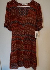 JUSTFAB Brown Geometric A-Line Dress Square Neck Short Puff Sleeve Women&rsquo;s L