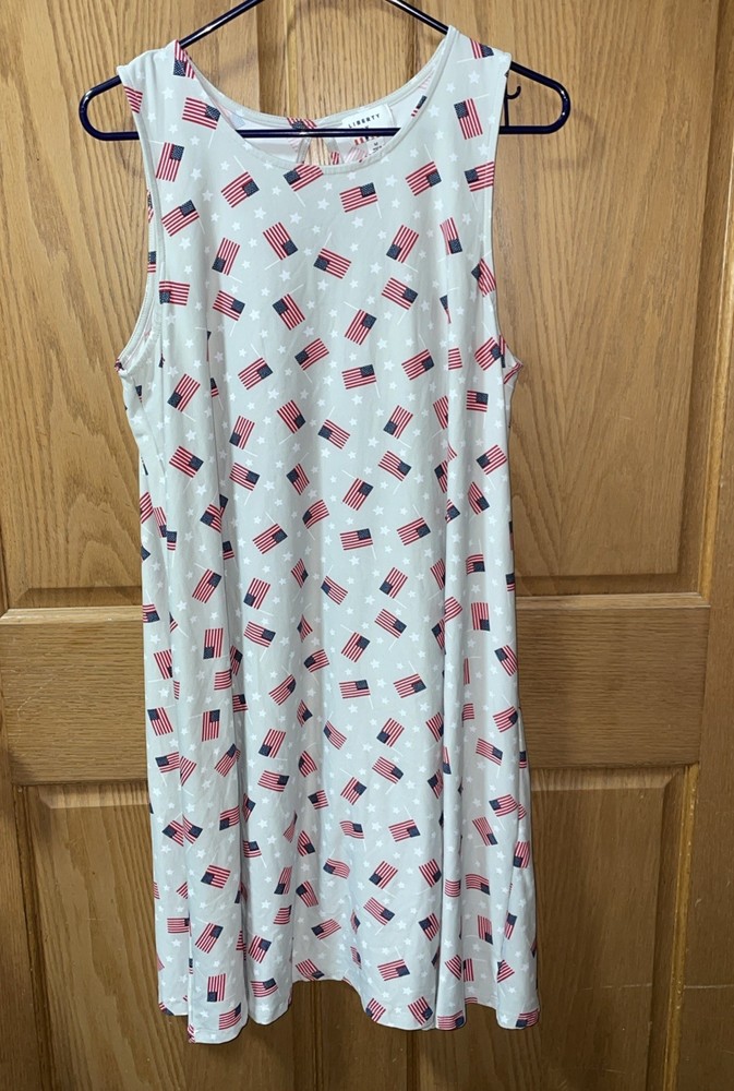 LIBERTY PARK DRESS -M-SHIFT~GRAY W/AMERICAN FLAGS~SLEEVELESS~STRETCH