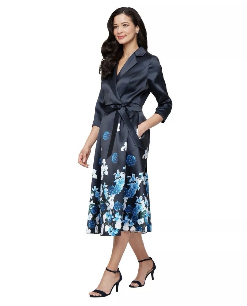 Alex Evenings Women Stretch Faille 3/4-Sleeve ALine Dress Navy Multi Sze 14 $189