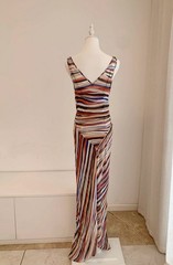 NEW 100% Mulberry Silk Striped Maxi Dress Women&rsquo;s V Neck Asymmetrical Sundress