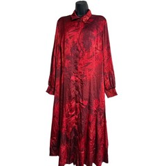 Chico&rsquo;s Red Abstract Print Button Down Maxi Shirt Dress Smocked Cuff Size 2.5 14