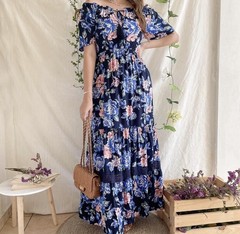 Band of Gypsies Navy Blue Pink Floral Maxi Dress Square Neck Smocked L