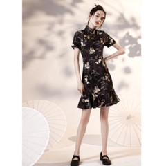 Women Retro Satin Fishtail Dress Printed Short Qipao Fit Chinese Style Cheongsam