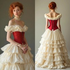 Vintage Victorian Wedding Dresses Ruffles Off Shoulder Tiered Beige And Red Gown
