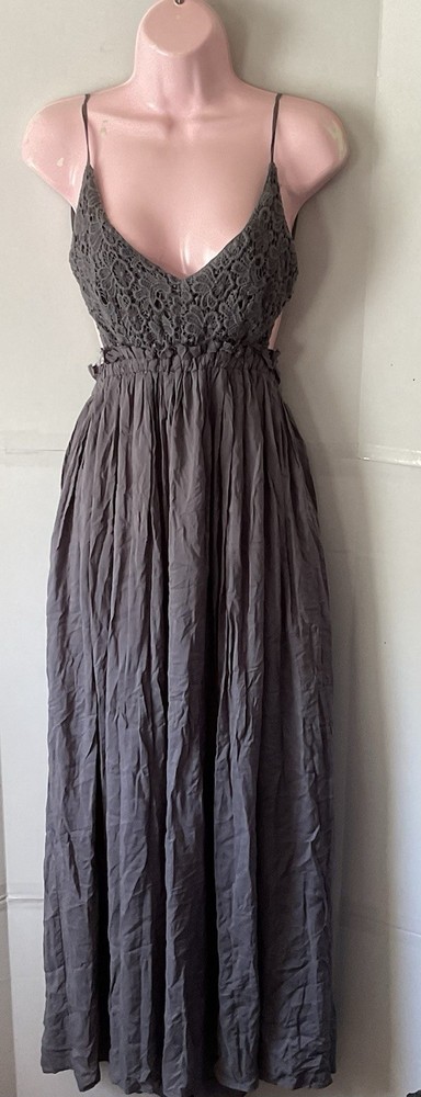 WISHLIST Maxi Dress Large Gauzy Gray BOHO Flowing Crochet Fairy Empire Waist