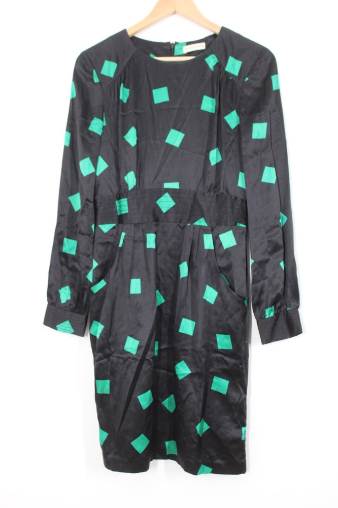 Whistles US 6 Black Green Square Pattern Silk Long Sleeve Sheath Dress Pockets