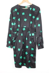 Whistles US 6 Black Green Square Pattern Silk Long Sleeve Sheath Dress Pockets