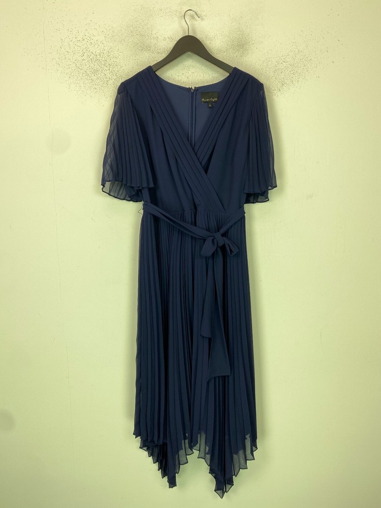 Phase Eight Navy Plain Midi Dress Pleated Short Sleeve Belted UK 18
