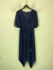 Phase Eight Navy Plain Midi Dress Pleated Short Sleeve Belted UK 18