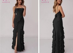 Barbie x Azazie Women&rsquo;s Black Solid Straight Neck Strappy Gown Side Slit A6