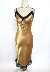 Vintage 1990’s Betsey Johnson Gold & Black Satin & Lace Slip Dress M Grunge Goth