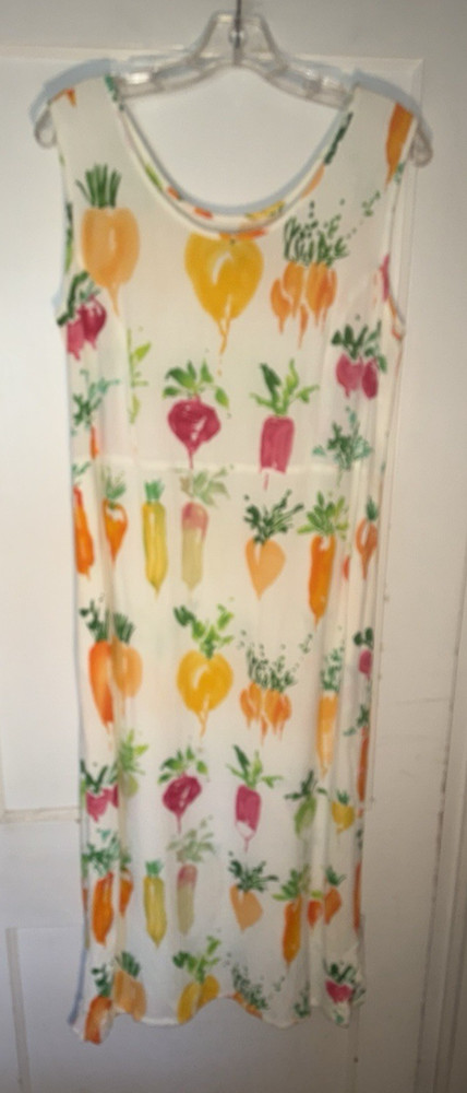 Vintage Jams World FoodArt Midi Shift Dress Radish Pattern Side Slit Size M e159
