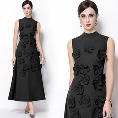 Elegant Solid Flowers Applique Mock Neck Women Party Evening Long Dress Workwear