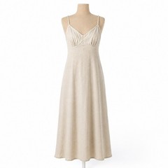 Boho Linen Babydoll Maxi Dress Size S Tan Coastal Beach Resort Smocked Minimal