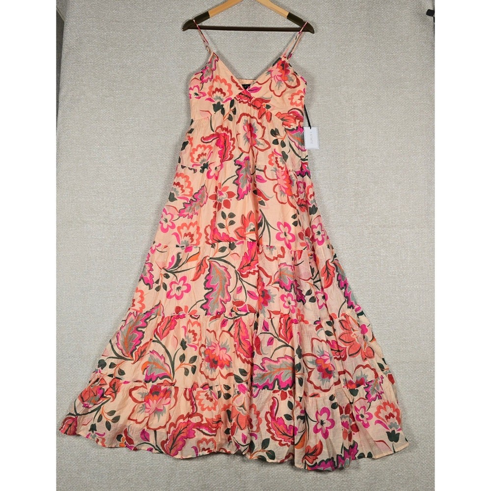 1.STATE Womens Floral Tiered Maxi Dress Peach Pink V-Neck Smocked Back Small NEW