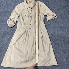 Tory Burch Dress Womens 8 Beige Shirt A-Line 3/4 Roll Tab Sleeve Midi Stretch