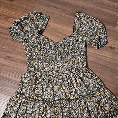 mi ami Black Floral Woven Polyester Mini A-Line Dress Square Neck, Women&rsquo;s S