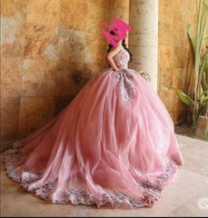 Pink 3D Floral Quinceanera Dress Elegant Ball With small shiny stones