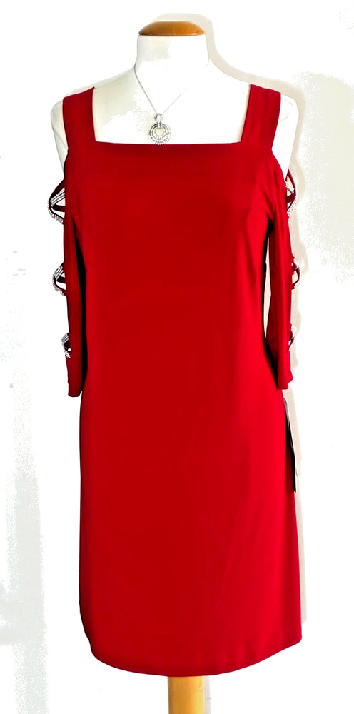 NWT-MSK Studded 3/4 Sleeves Shift Party Dress (Vibrant Red) – Size L