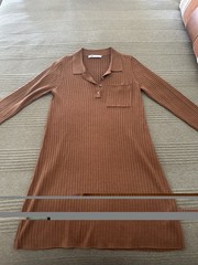 Zara Brown Ribbed Knit Collared Button Front Shirt Dress Pockets L Short