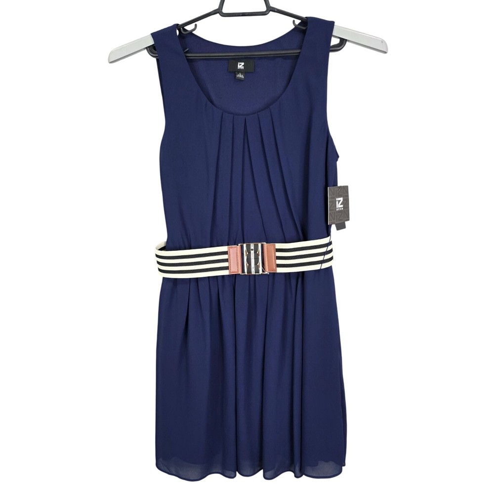 Womens Iz Byer Navy Sleeveless Dress Lined Striped Belt 100% Polyester Size L
