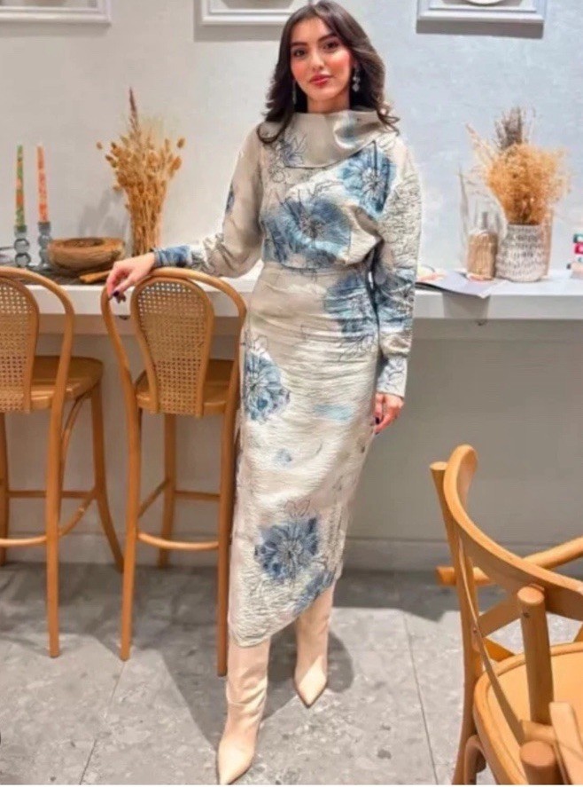ZARA WOMEN PRINTED MIDI DRESS ZW SIZES L ECRU/BLUE COLLAR | 9014/080 NWT