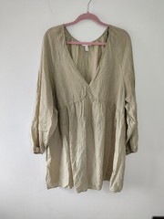 H&M Ladies knee Dress XL 20 18 Olive Green Beach Summer Boho Long Sleeve vneck