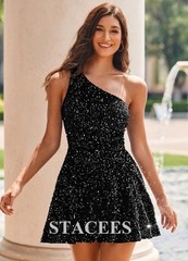 Stacees Women’s A-line One-Shoulder Velvet Sequins Short Dress Black Sz:26 NWT