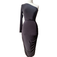 Femme Luxe One Shoulder Midi Dress UK 10 Black Bodycon Ruched Stretch Party Even