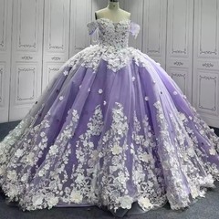 Lavender Quinceanera Dresses Beading 3D Flower Lace Birthday Party Prom Princess