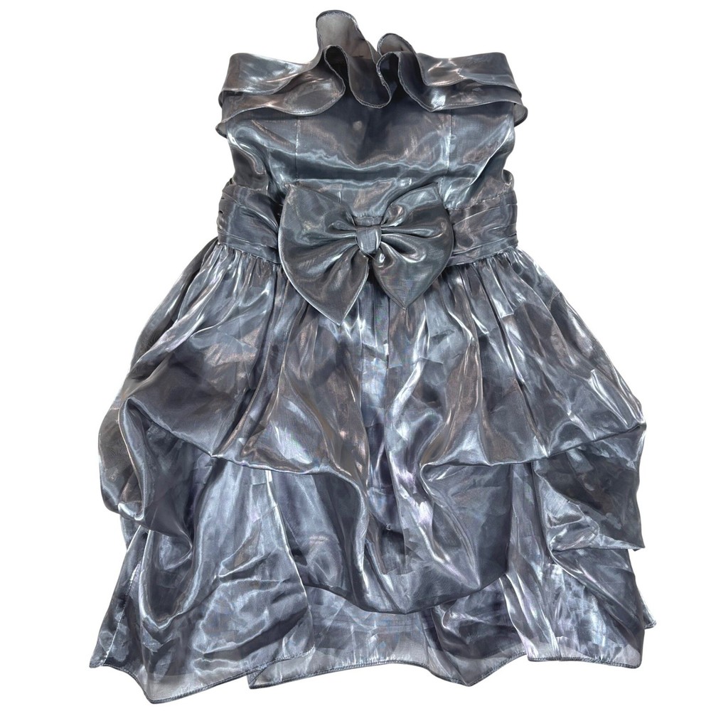 DASH Collection Metallic Silver Strapless Ruffle Bow Tiered Cocktail Dress Small