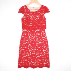 Review Womens Dress Size 8 Red Nude Lace Pencil Straight Cap Sleeve Geek Retro
