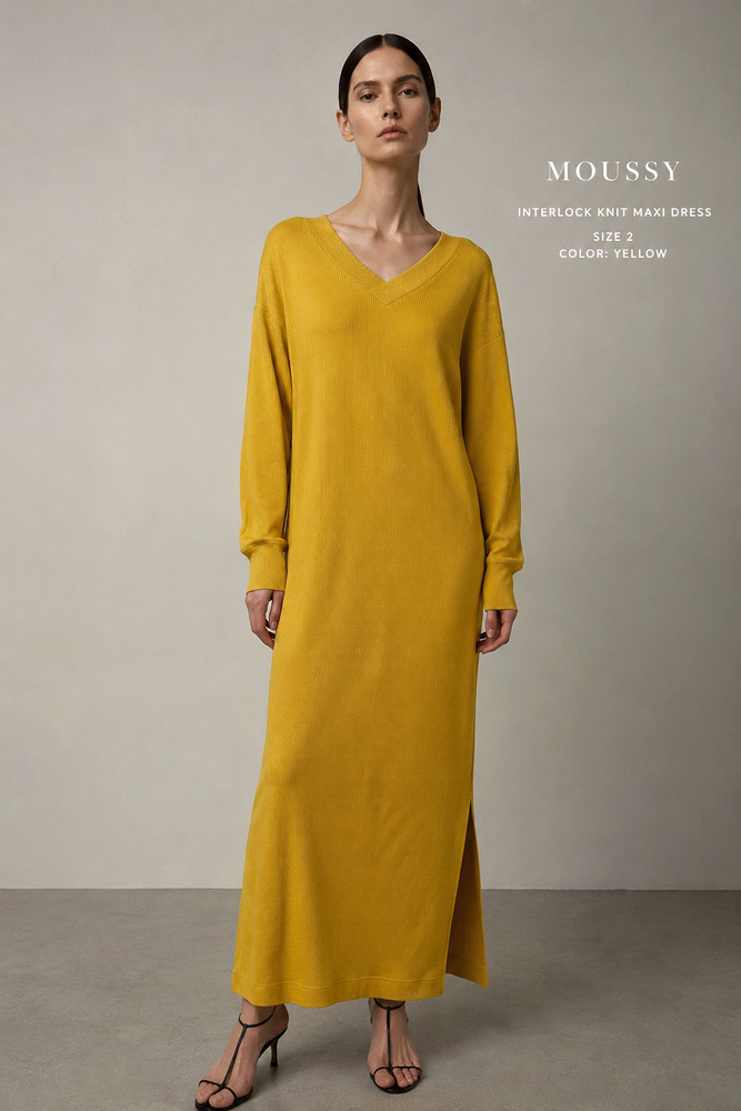 Moussy Maxi Interlock Knit Sweater Dress Size 2 (Medium) Yellow Minimalist Rare
