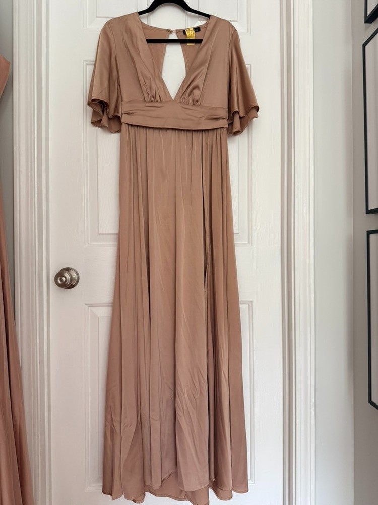 Dress Day Womens Medium Taupe Maxi Dress Flutter Sleeve Formal Bridesmaid Gown