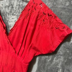 Vintage Nancy Johnson Red Cutwork Lace Dress Sz M Cotton Dolman Midi Cottagecore