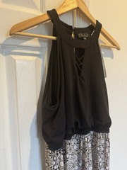 Black Halter Bodice Maxi Dress with Patterned Skirt Boho Summer Size L