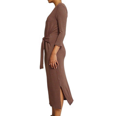 AMOUR VERT Colombe Scallop Striped Rib Knit Midi Dress Size L Tie Waist Slit