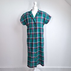 Vintage Smock Shirt Dress Midi Checked UK 10 Green Plaid Pockets Cotton Blend