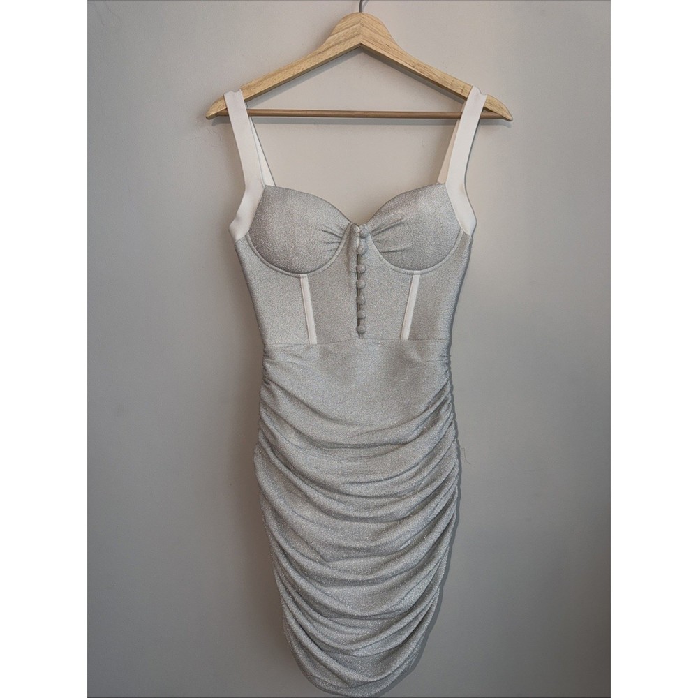 BELLA BARNETT Midi Bandage Dress Corset Bustier Ruched Stretch Bodycon Silver S