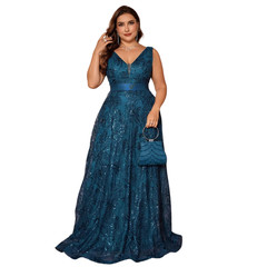Plus Size Luxury Deep V neck Sequin Evening Dress Elegant V back Long Formal
