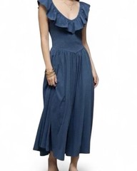 NWT American Eagle Smocked Ruffle Midi Dress Blue Sleeveless Size Medium