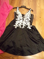 Black Dress Spaghetti Strap White Lace Beads V Neck size XS S