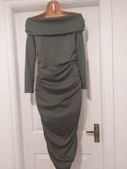 DARK FORREST GREEN SLINKY OFF SHOULDER WIGGLE MIDI EVENING/PARTY DRESS Size 14