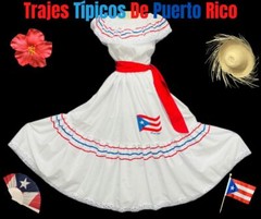 Trajes Típicos Bandera de Puerto Rico, Jíbara Boricua 3PC Blanco Set Blusa Falda